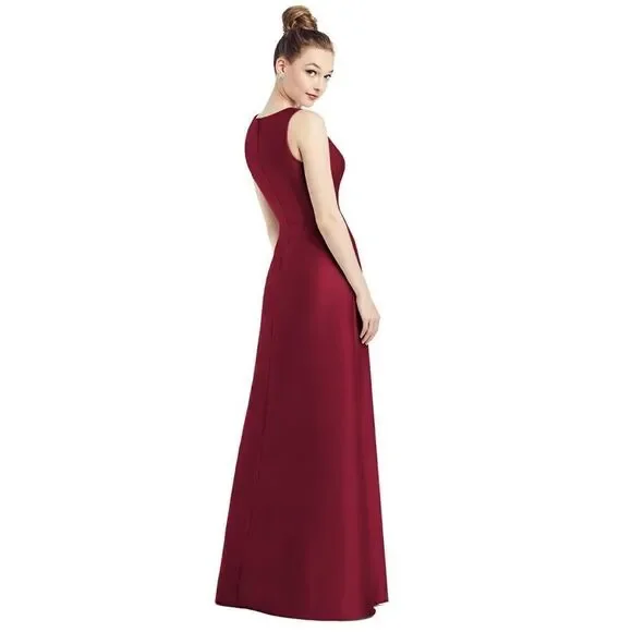Alfred Sung V-Neck Belted Evening Gown Burgundy